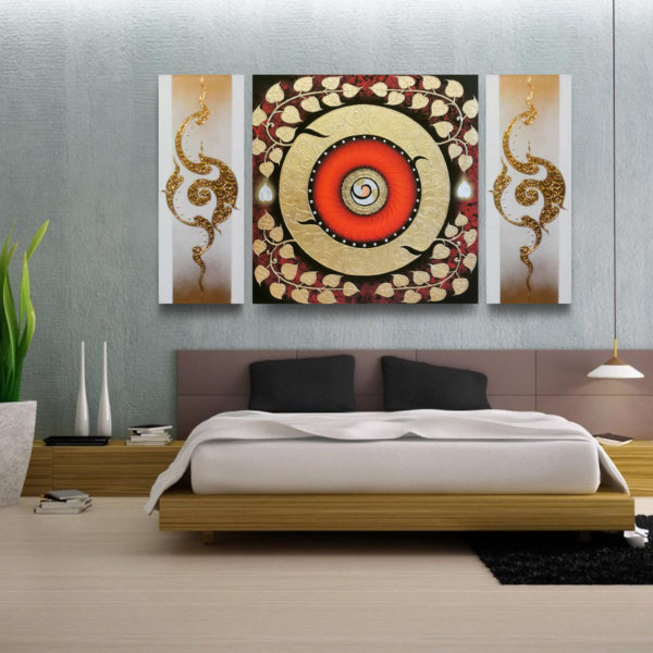 Tableau Peinture Thailande Abstract Wall Art Canvas One Universe and Golden Bodhi Leaf