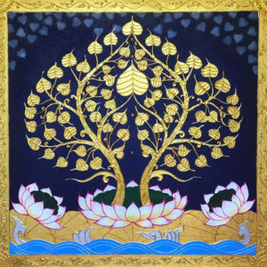 Tableau Peinture Thailande Asian Art Buddha Bodhi Golden Tree
