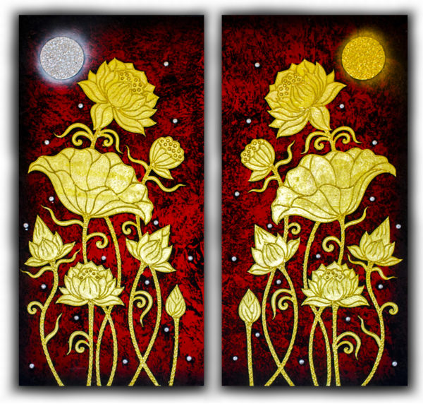 Tableau Peinture Thailande Golden Lotus Paintings Under Full Moon
