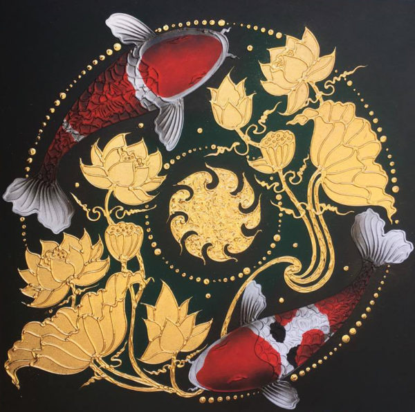 Tableau Peinture Thailande Koi Fish Painting Golden Lotus