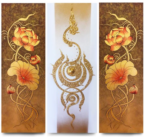 Tableau Peinture Thailande Lotus Flower Abstract Art Traditional Thai Painting