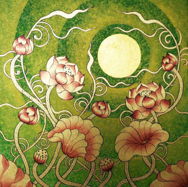 Tableau Peinture Thailande Lotus Flower Design Thai Golden Moon