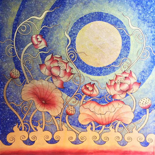 Tableau Peinture Thailande Lotus Flower Wall Art Under Thai Golden Moon
