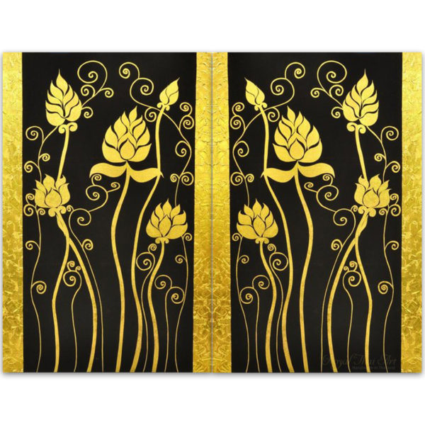 Tableau Peinture Thailande Lotus Painting Classical Gold Color