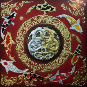 Tableau Peinture Thailande Yin Yang Dragon Koi Fish Art Painting
